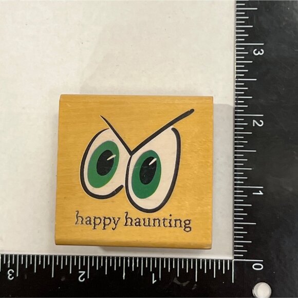 UNBRANDED Happy Haunting Wood Mounted Rubber Stamp Halloween Eyes Monster - Picture 1 of 3